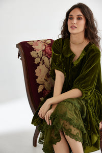 Florentine Velvet coat dress. Moss Green