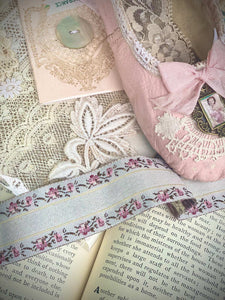 Vintage Embroidered floral ribbon. Dove Grey and Blush.