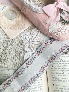 Vintage Embroidered floral ribbon. Dove Grey and Blush.