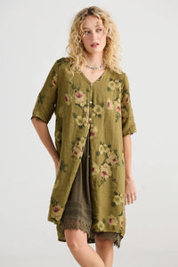 Abigail Floral Coatdress - Linen button up coat Khaki Green