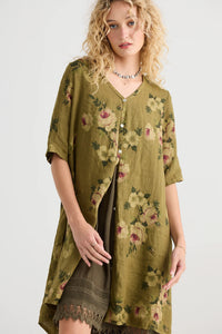 Abigail Floral Coatdress - Linen button up coat Khaki Green