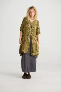 Abigail Floral Coatdress - Linen button up coat Khaki Green