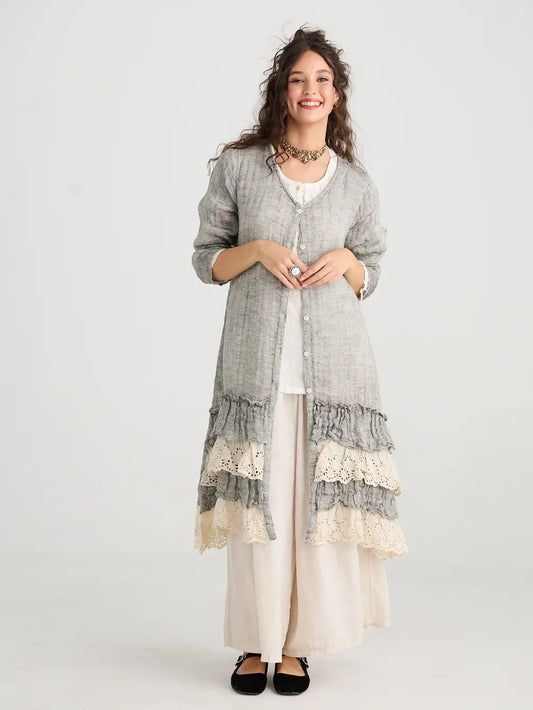 Florette Linen and lace coat. Mist Grey