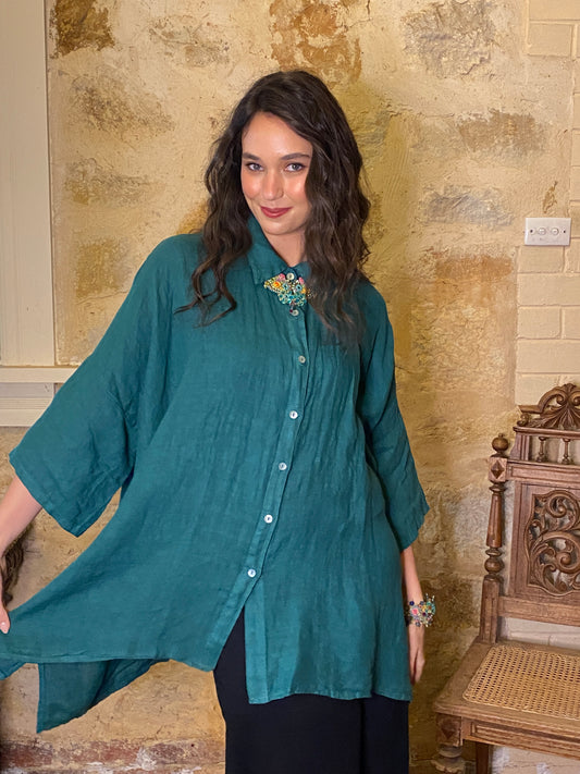 Teddy Linen shirt. Peacock Green.
