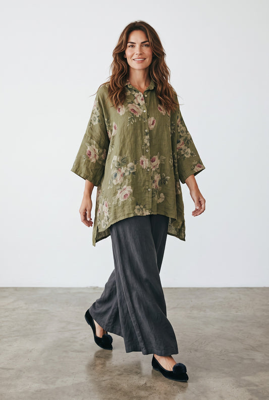 Teddy floral linen shirt. Khaki