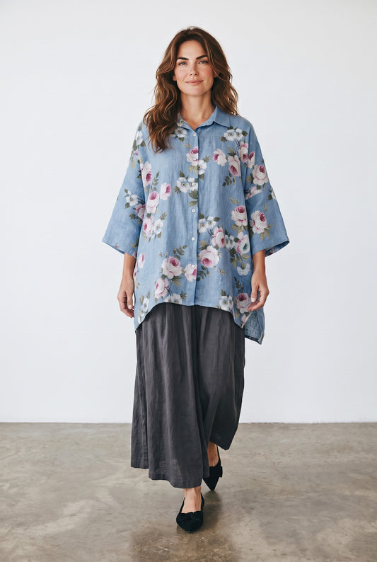 Teddy Floral linen shirt. Denim Blue