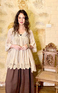 Perenelle Lace Edged Jacket/Top - Stone