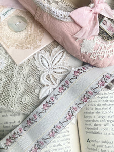Vintage Embroidered floral ribbon. Dove Grey and Blush.