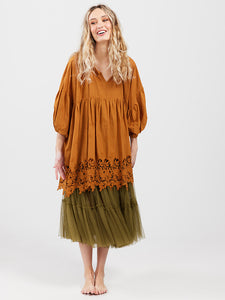 French Smock, Cotton & Lace, Tobacco