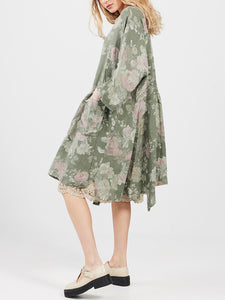 Clarissa Linen Dress FLORAL - OLIVE GREEN