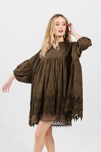 French Smock, Cotton & Lace, Olive Green