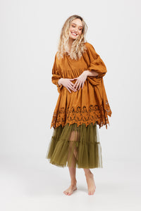 French Smock, Cotton & Lace, Tobacco